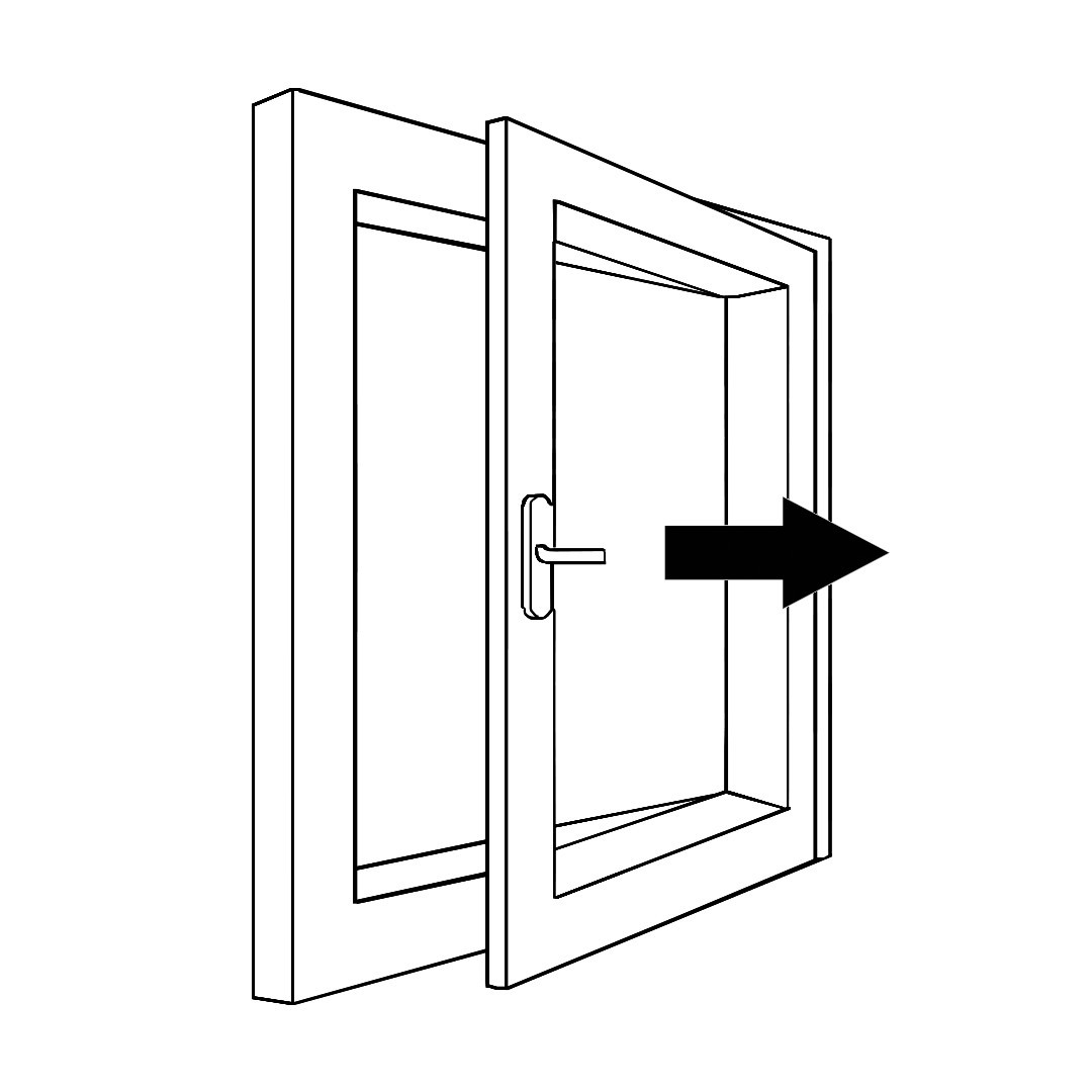 Gezeichnetes Bild eines Drehfensters, welches leicht geöffnet ist. Ein Pfeil zeigt die Öffnungsrichtung.