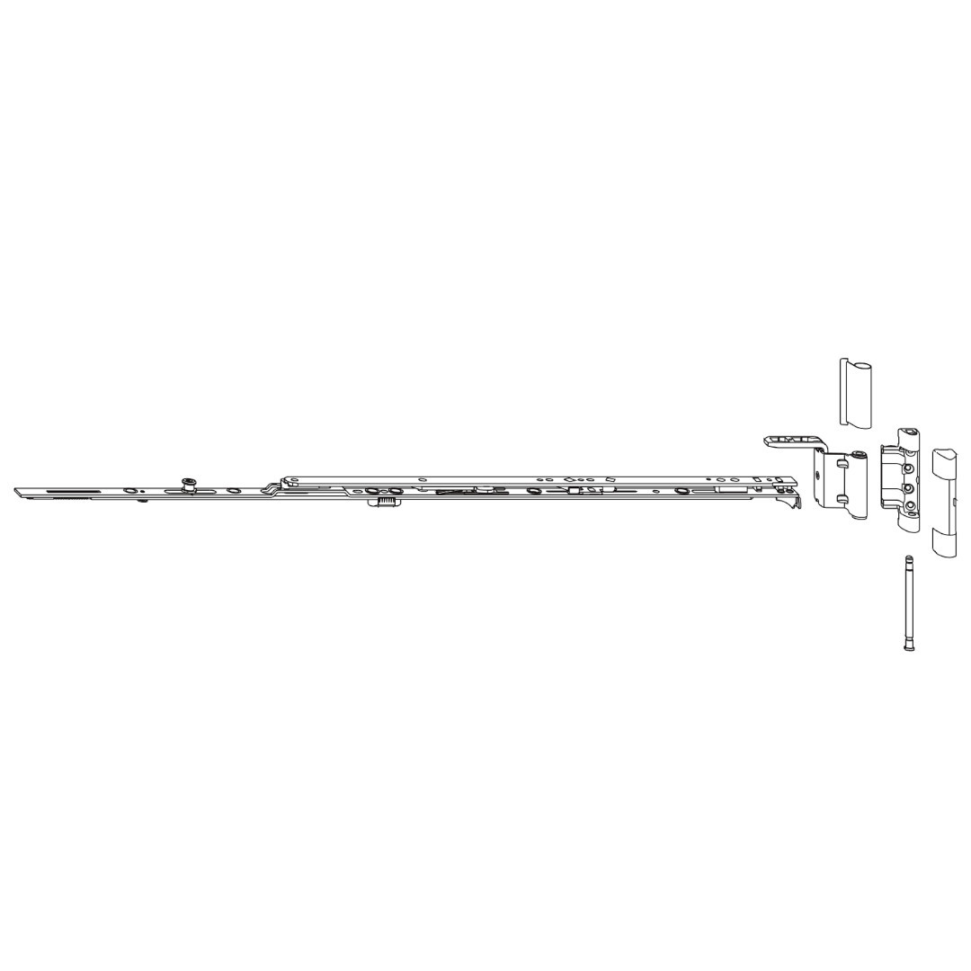 Schere von einem Dreh-Kipp-Beschlag. Auch das Winkelband und Scherenlager mit Scherenlagerstift sind zu sehen.