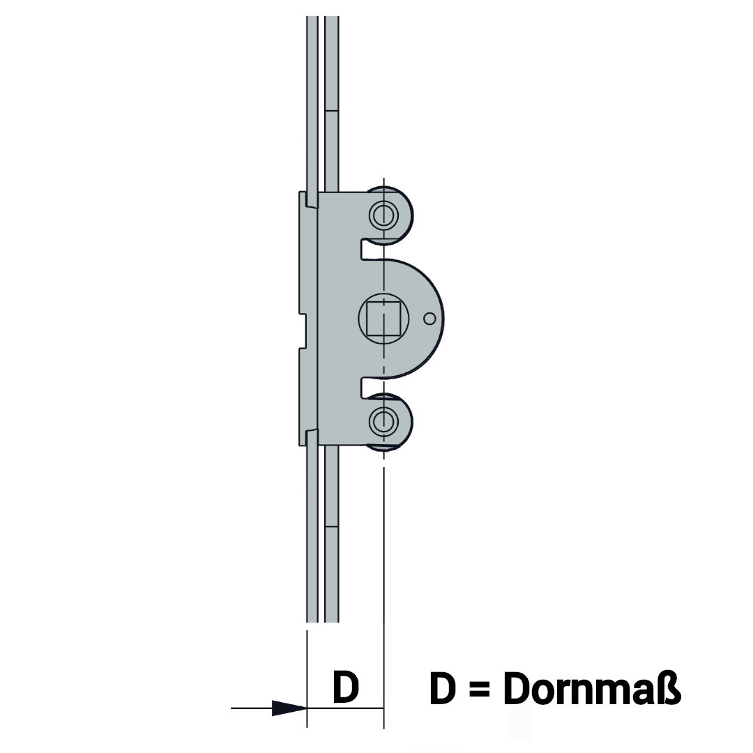 Zeichnung eines Stulpgetriebes. Auf der Zeichnung sind Maßstriche mit der Bezeichnung D = Dornmaß.