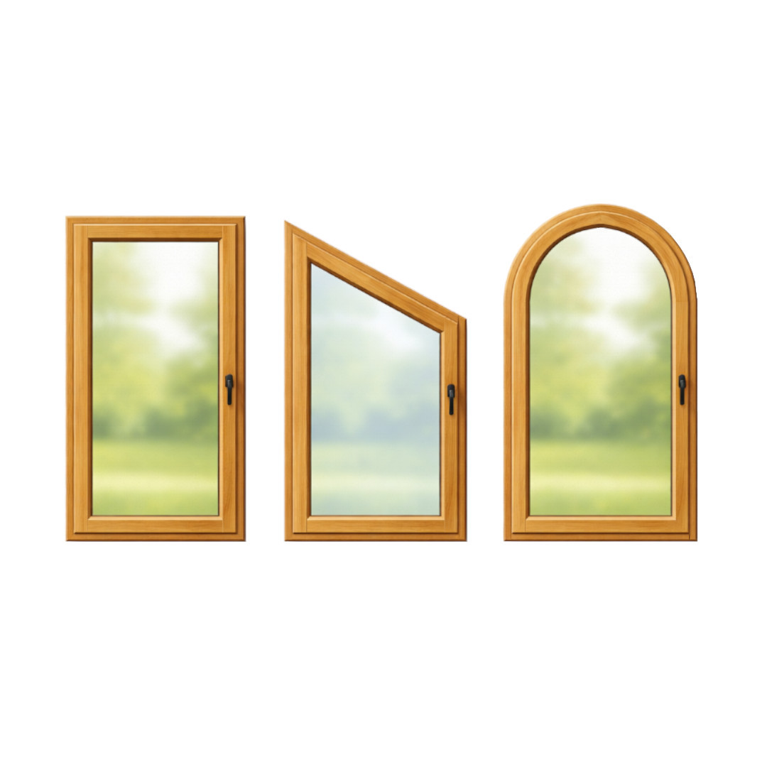 Drei Holzfenster in verschiedenen Formen. Links = Rechteck, Mitte = Schrägfenster, Rechts = Rundbogenfenster